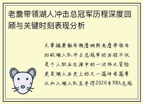 老詹带领湖人冲击总冠军历程深度回顾与关键时刻表现分析 老詹带领湖人冲击总冠军历程深度回顾与关键时刻表现分析