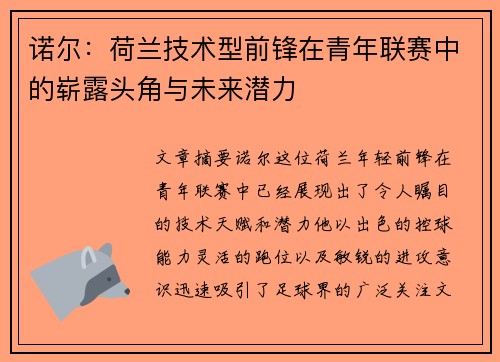 诺尔：荷兰技术型前锋在青年联赛中的崭露头角与未来潜力