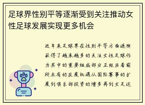 足球界性别平等逐渐受到关注推动女性足球发展实现更多机会 足球界性别平等逐渐受到关注推动女性足球发展实现更多机会
