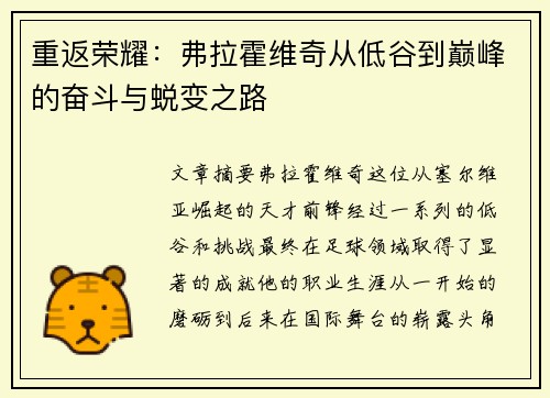 重返荣耀：弗拉霍维奇从低谷到巅峰的奋斗与蜕变之路