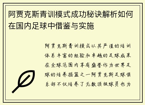 阿贾克斯青训模式成功秘诀解析如何在国内足球中借鉴与实施