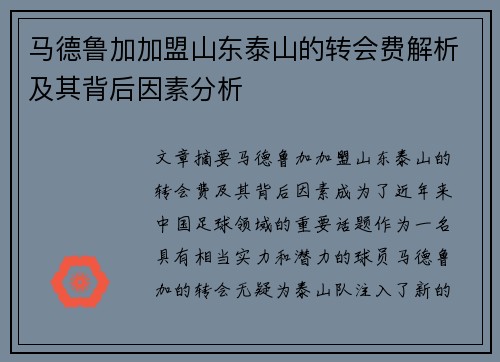马德鲁加加盟山东泰山的转会费解析及其背后因素分析