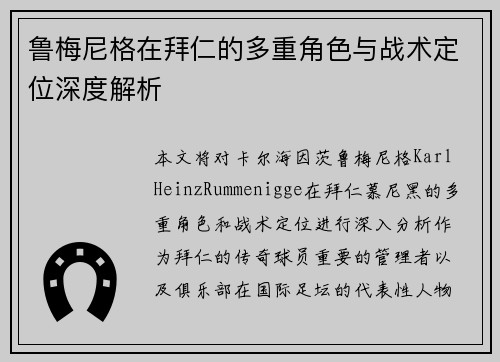 鲁梅尼格在拜仁的多重角色与战术定位深度解析